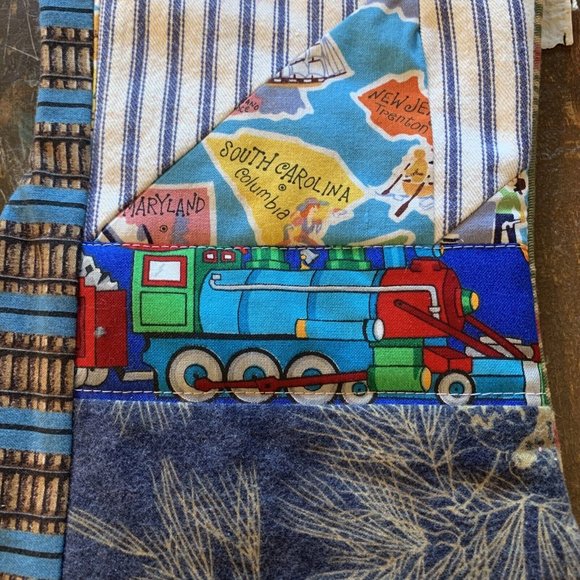 Christmas Stocking Quilted Patchwork Fabric Train Travel NEW 15” Handmade - Picture 2 of 5